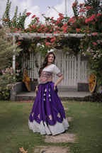 Roman Fabric Navratri Lehenga Choli with Kutchi Gamthi Embroidery Work front view