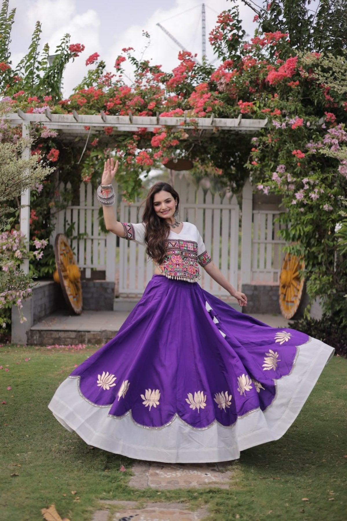 Roman Fabric Navratri Lehenga Choli with Kutchi Gamthi Embroidery Work full drape view
