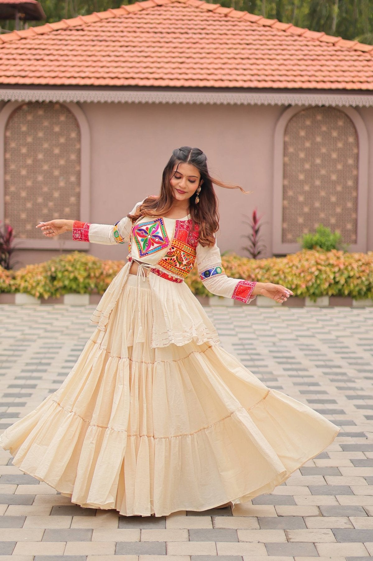 White GarbaGlow Cotton Lehenga with Flare and Gamthi Work for Navratri Nights full drape view