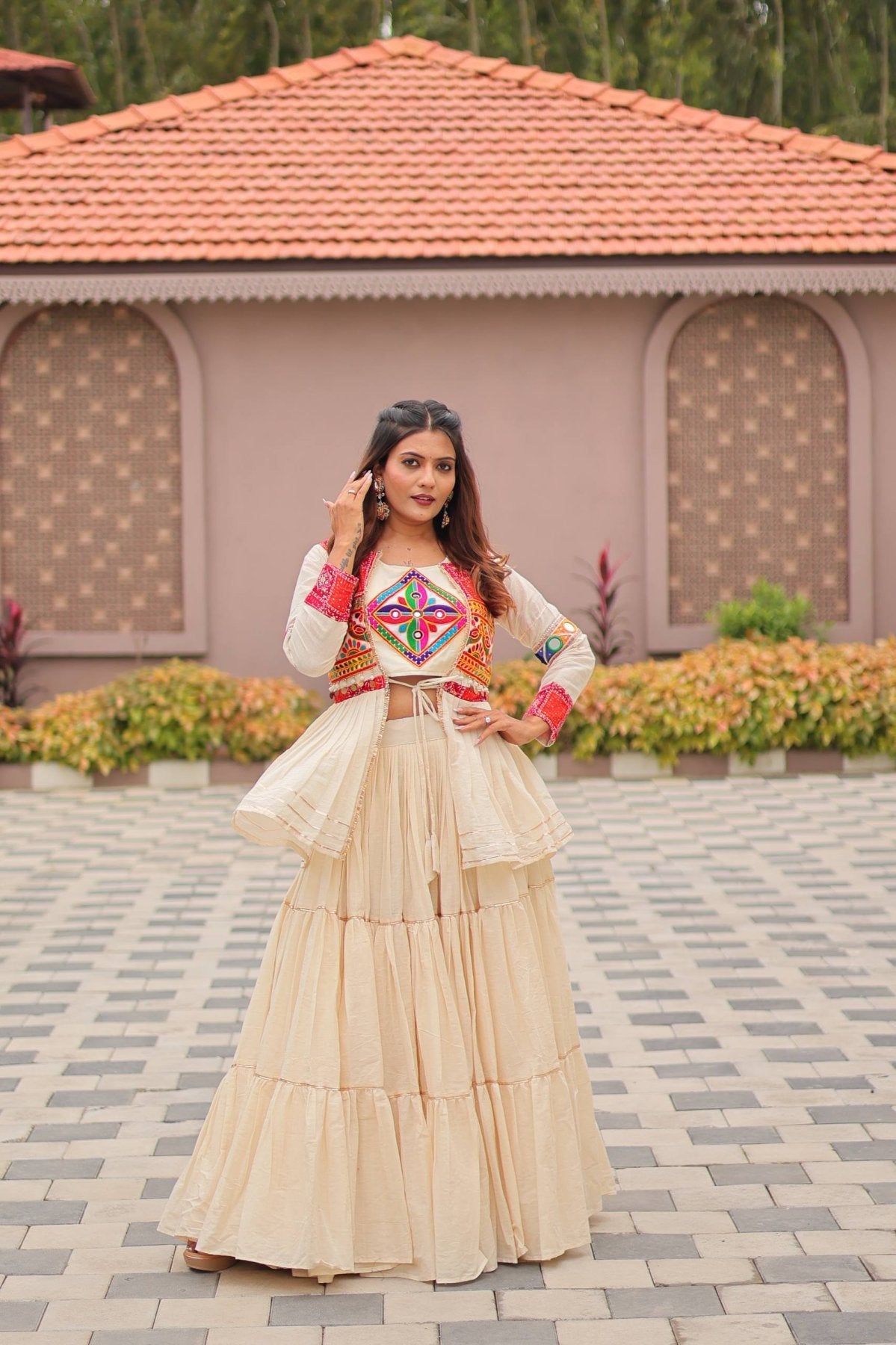 White GarbaGlow Cotton Lehenga with Flare and Gamthi Work for Navratri Nights blouse and dupatta detail