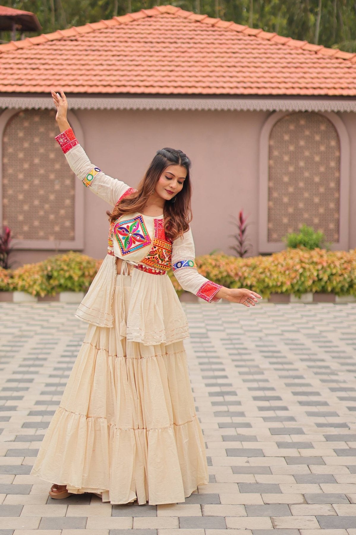 White GarbaGlow Cotton Lehenga with Flare and Gamthi Work for Navratri Nights embroidery close-up