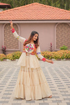 White GarbaGlow Cotton Lehenga with Flare and Gamthi Work for Navratri Nights fabric texture detail