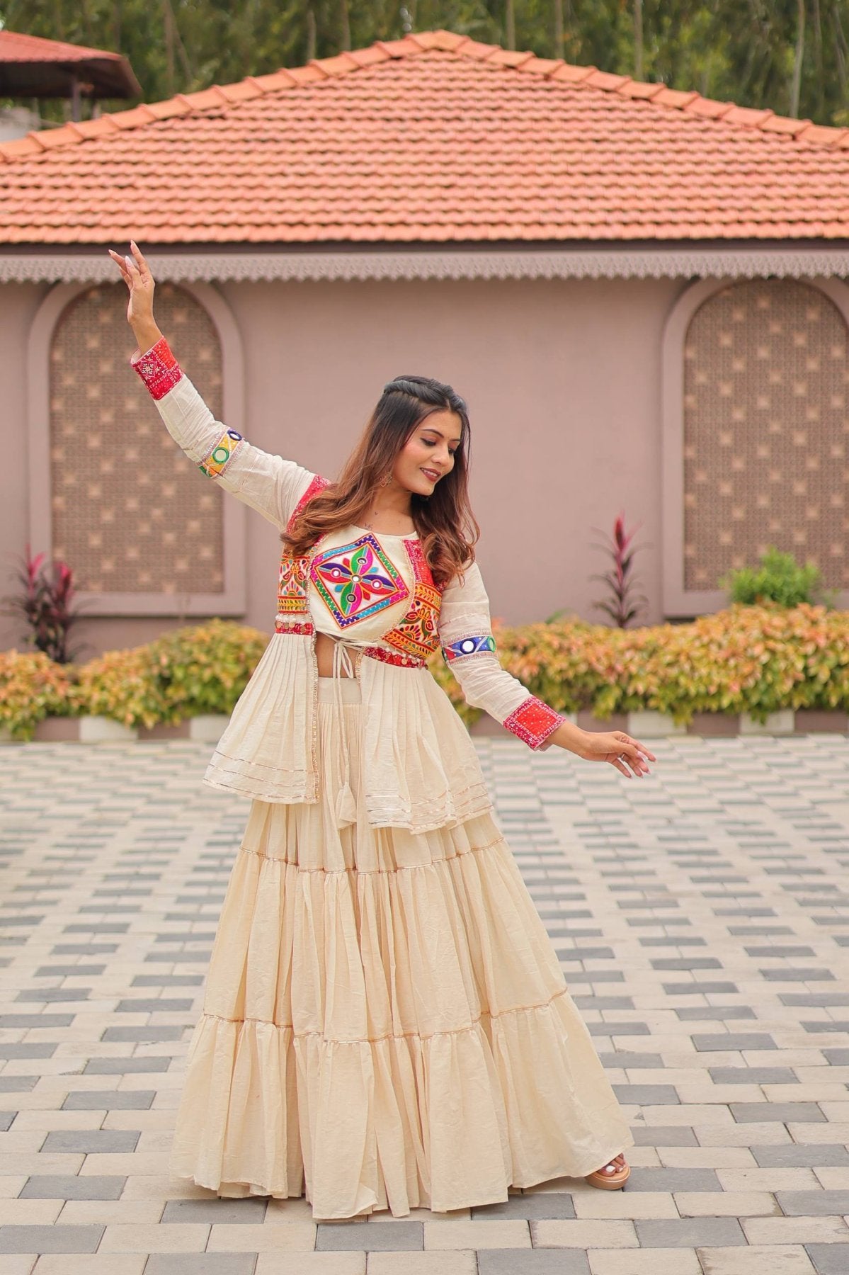 White GarbaGlow Cotton Lehenga with Flare and Gamthi Work for Navratri Nights fabric texture detail
