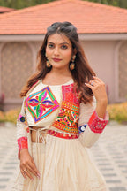 White GarbaGlow Cotton Lehenga with Flare and Gamthi Work for Navratri Nights back view