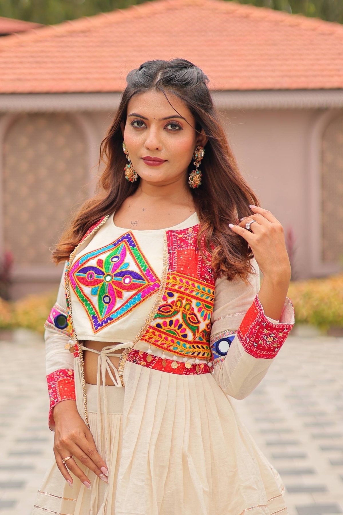 White GarbaGlow Cotton Lehenga with Flare and Gamthi Work for Navratri Nights back view