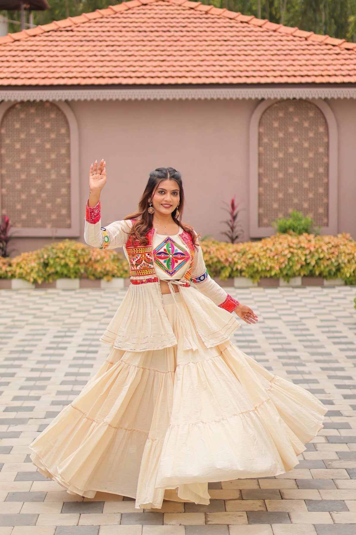 White GarbaGlow Cotton Lehenga with Flare and Gamthi Work for Navratri Nights colour variant view