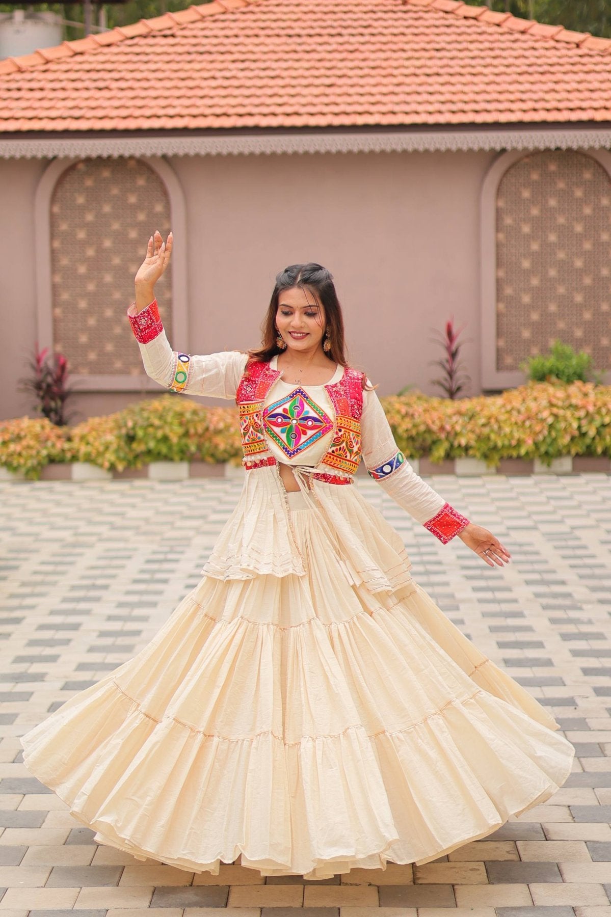 White GarbaGlow Cotton Lehenga with Flare and Gamthi Work for Navratri Nights front view