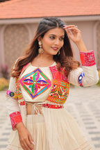 White GarbaGlow Cotton Lehenga with Flare and Gamthi Work for Navratri Nights full drape view