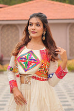 White GarbaGlow Cotton Lehenga with Flare and Gamthi Work for Navratri Nights blouse and dupatta detail