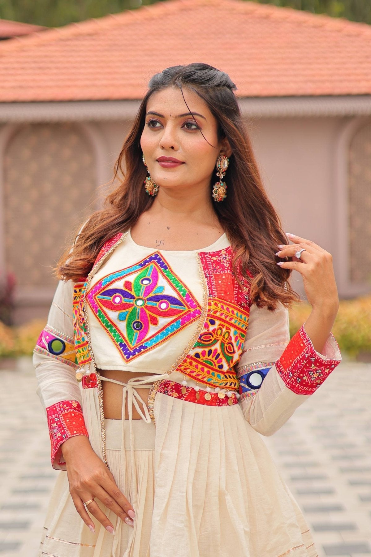 White GarbaGlow Cotton Lehenga with Flare and Gamthi Work for Navratri Nights blouse and dupatta detail