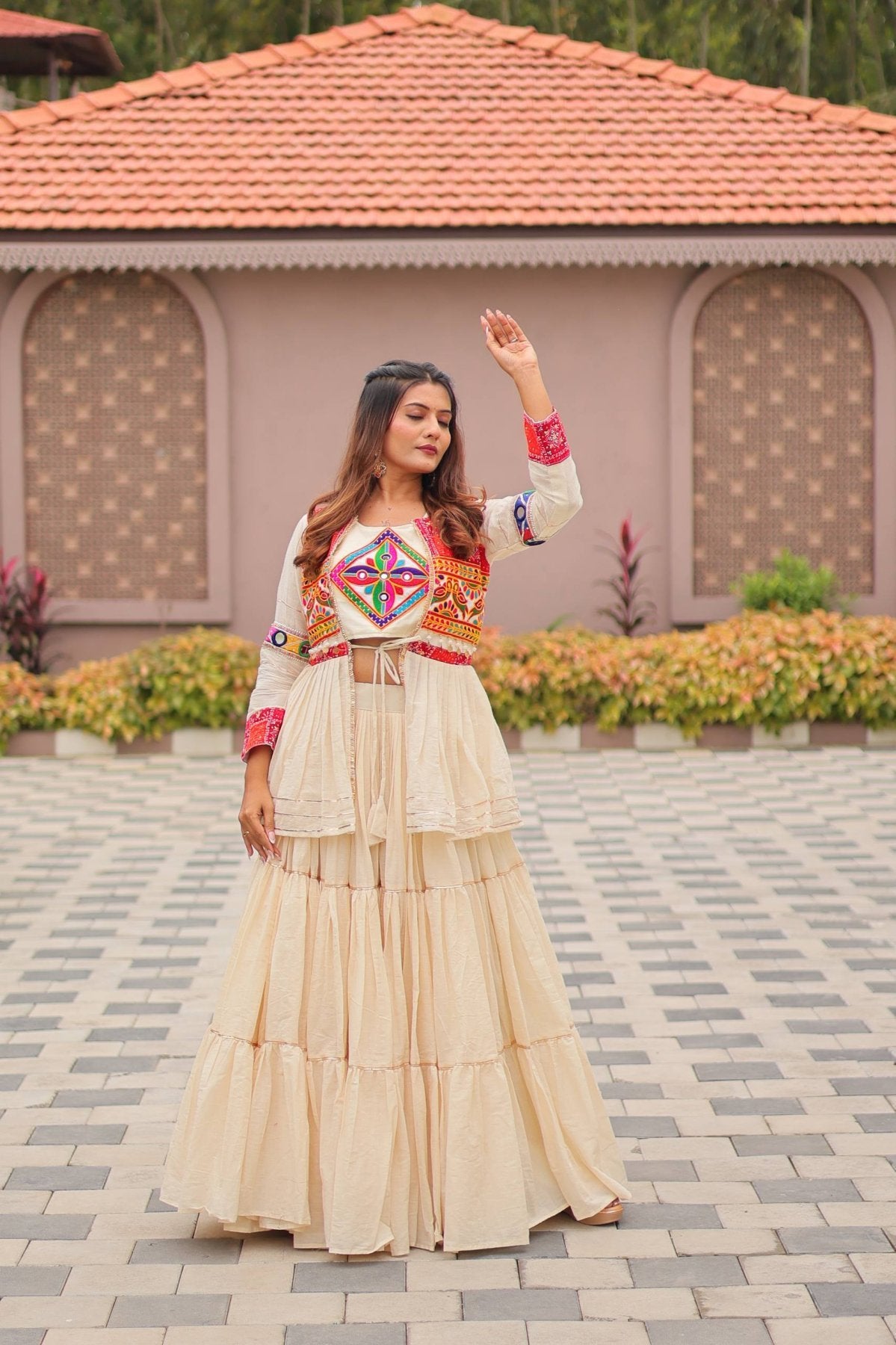 White GarbaGlow Cotton Lehenga with Flare and Gamthi Work for Navratri Nights full drape view