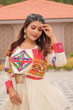 White GarbaGlow Cotton Lehenga with Flare and Gamthi Work for Navratri Nights embroidery close-up