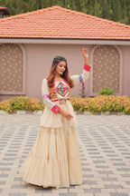 White GarbaGlow Cotton Lehenga with Flare and Gamthi Work for Navratri Nights blouse and dupatta detail