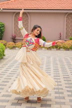 White GarbaGlow Cotton Lehenga with Flare and Gamthi Work for Navratri Nights embroidery close-up