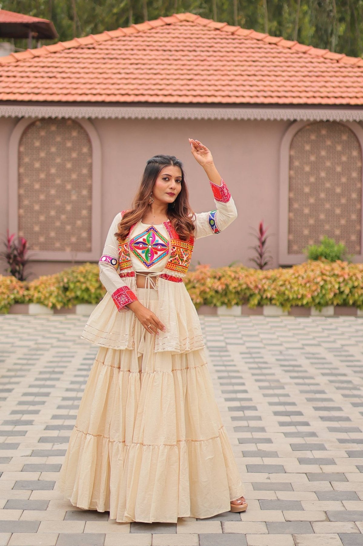 White GarbaGlow Cotton Lehenga with Flare and Gamthi Work for Navratri Nights fabric texture detail
