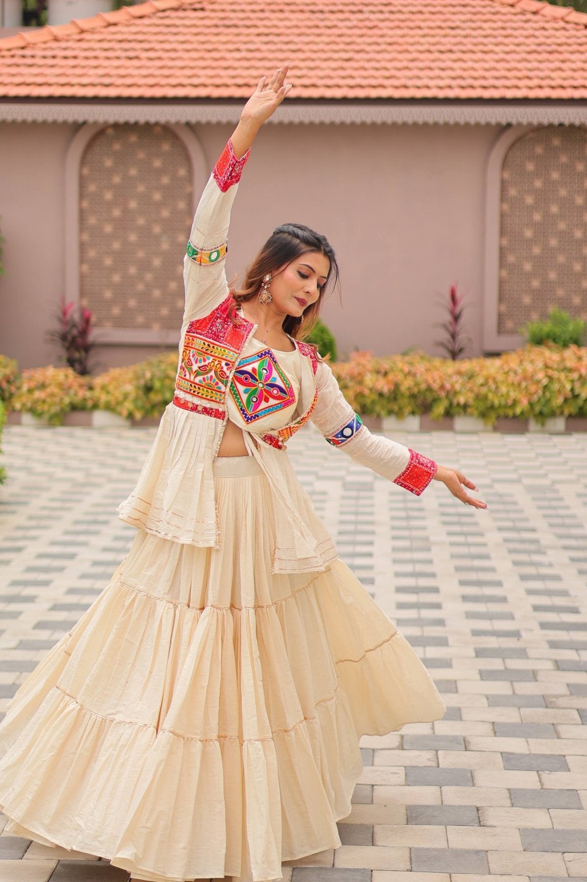 White GarbaGlow Cotton Lehenga with Flare and Gamthi Work for Navratri Nights back view