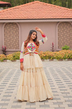 White GarbaGlow Cotton Lehenga with Flare and Gamthi Work for Navratri Nights front view