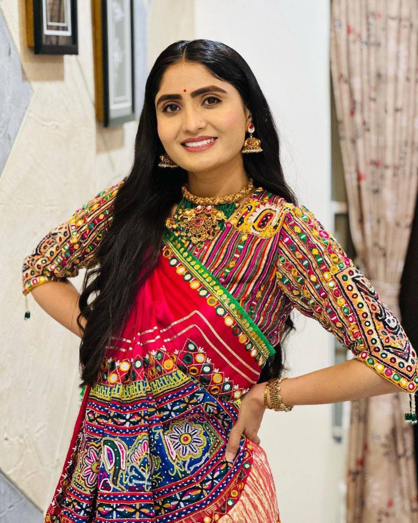 Muslin Cotton Printed Navratri Lehenga Choli embroidery close-up