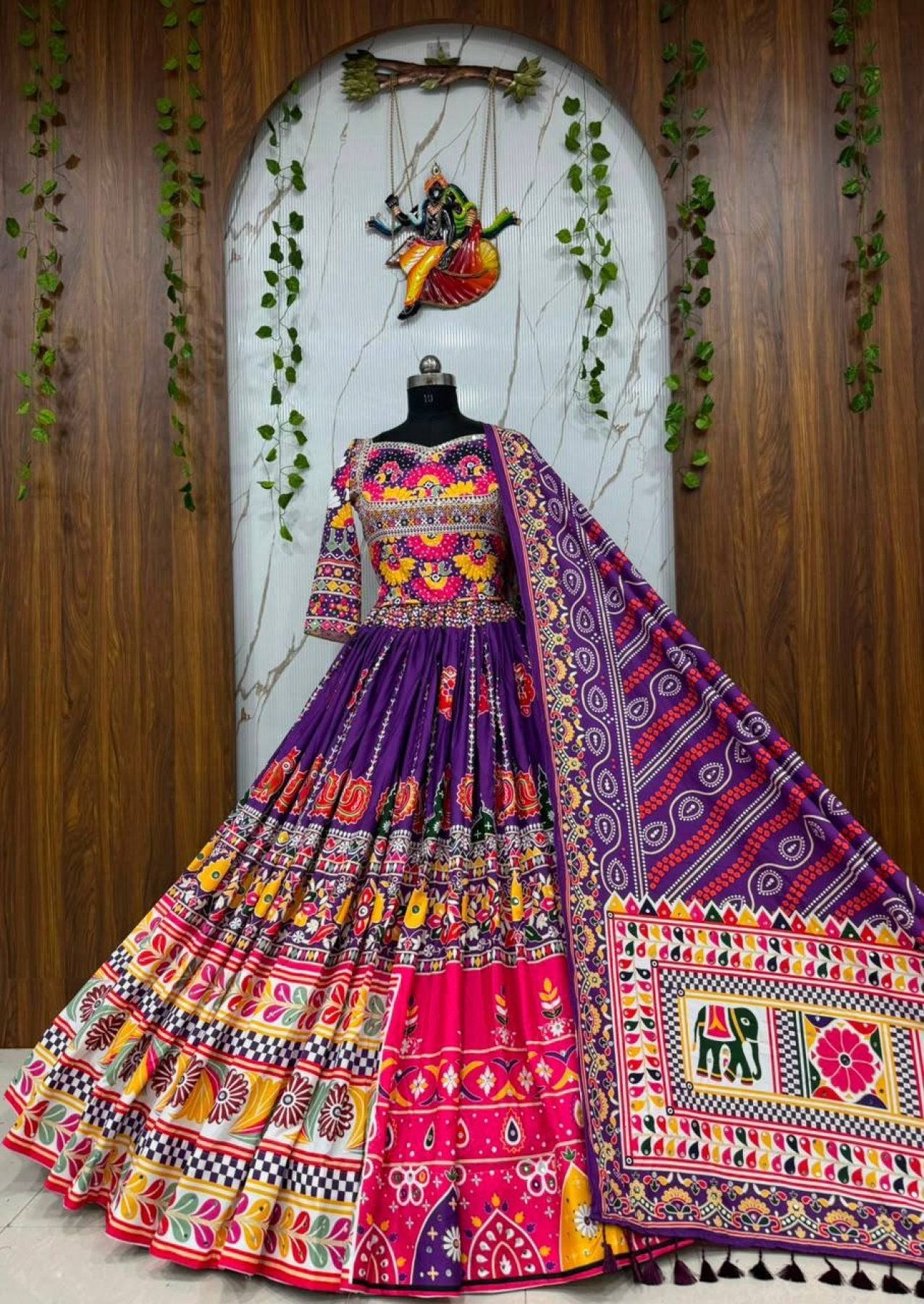 Muslin Cotton Lehenga Choli with Real Mirror Work and Dupatta back view
