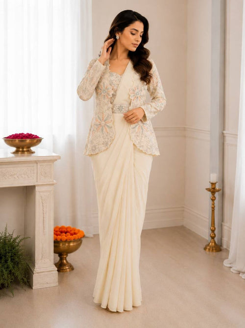 Cream Ready to Wear Crepe Silk Saree with Embroidered Jacket at Snyvia