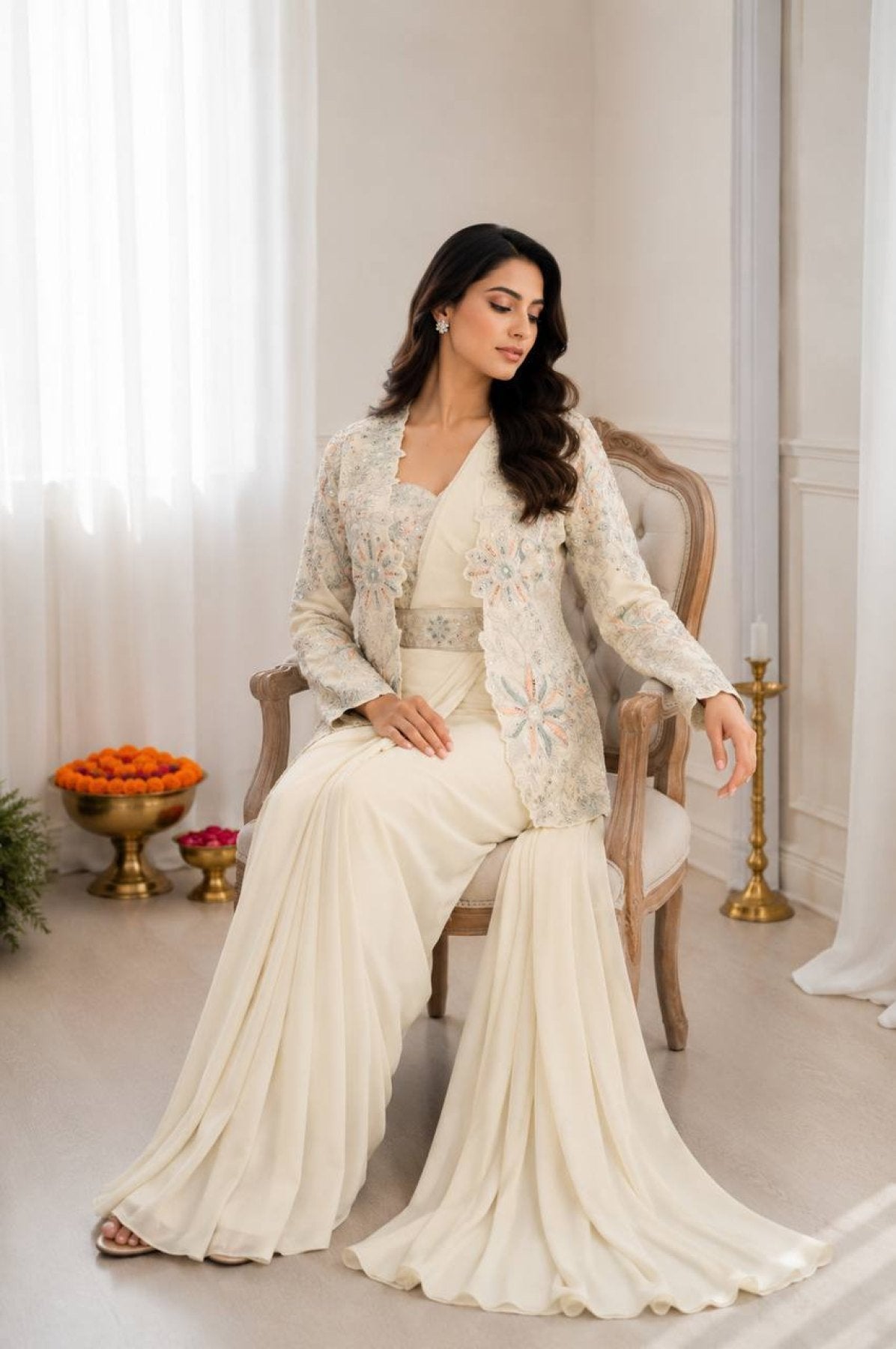 Cream Crepe Saree - drape and pallu detail