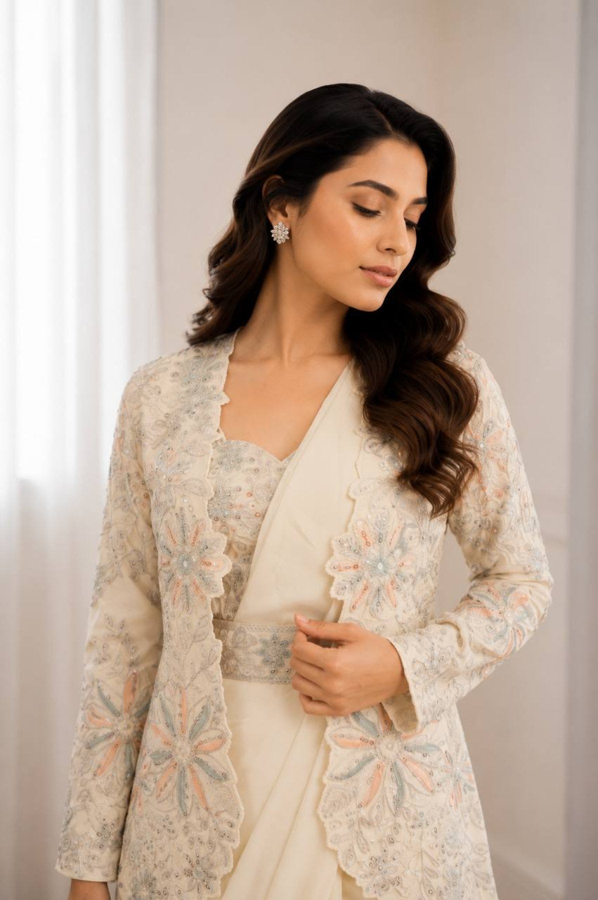 Cream Crepe Saree - blouse and border close-up