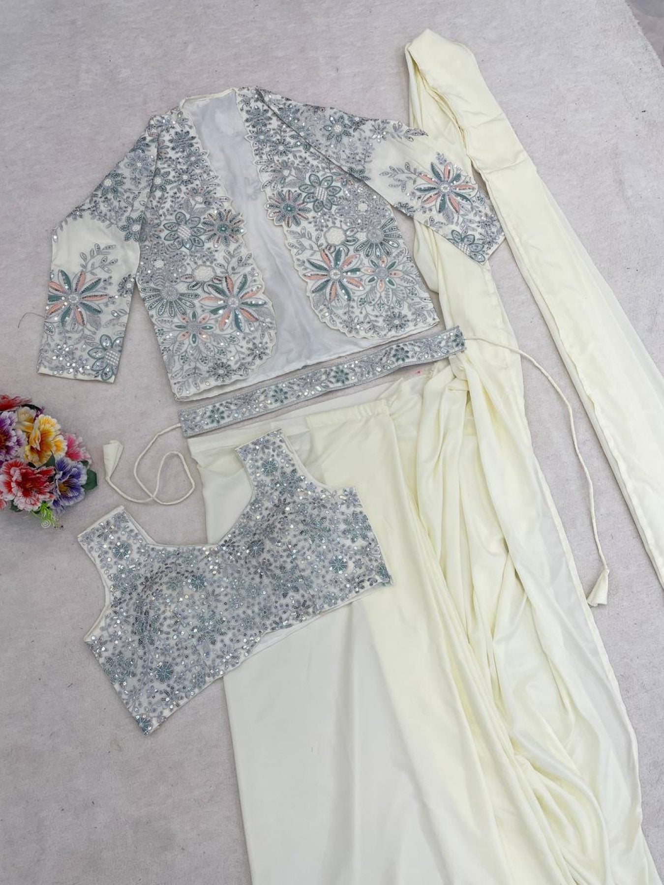 Cream Crepe Saree - back view