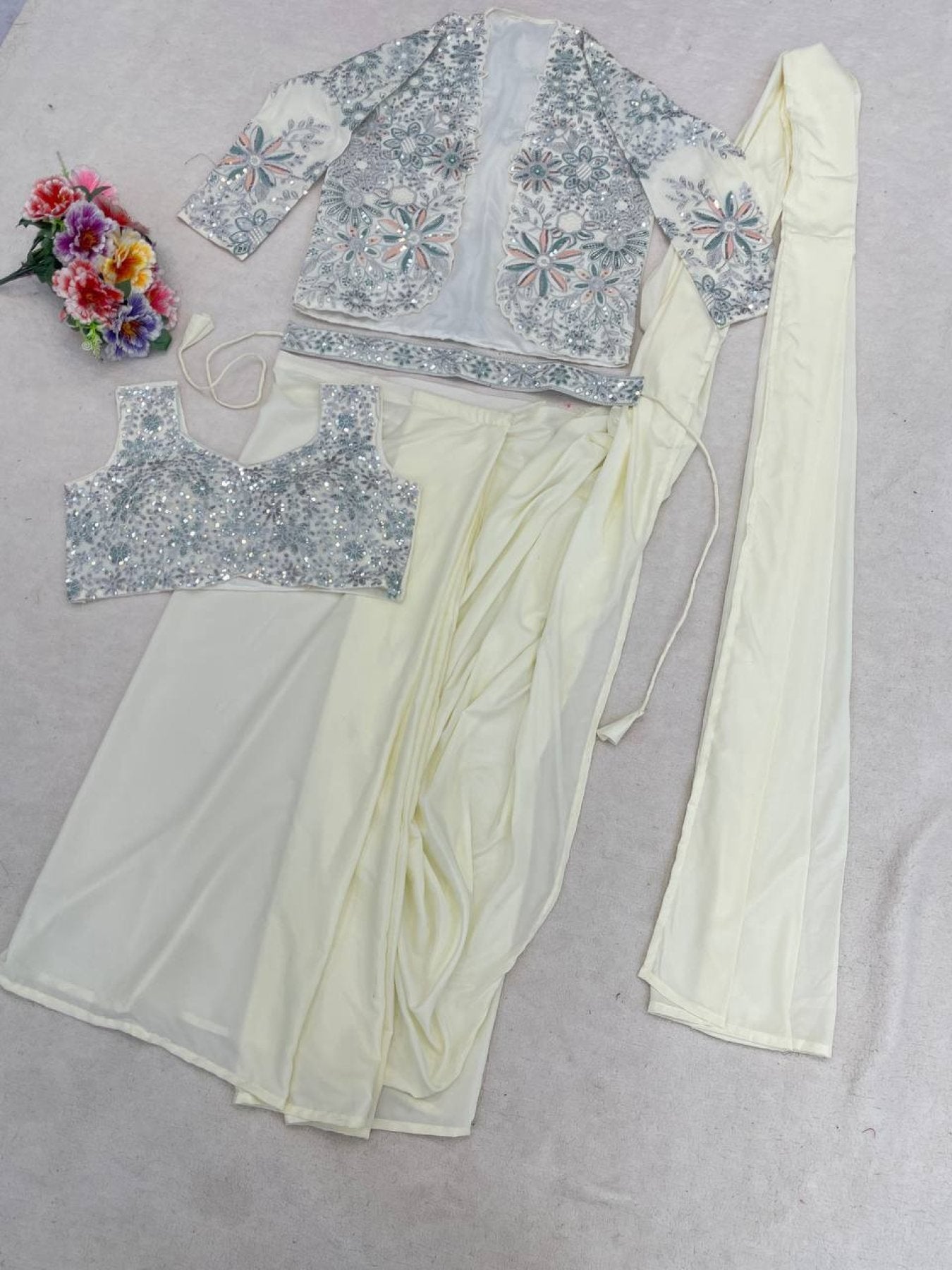 Cream Crepe Saree - styling and accessories view