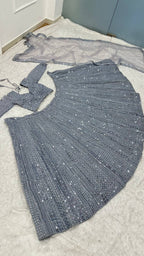 Grey Wedding Wear Lehenga with Heavy Embroidery and Tassel Dupatta detailed view