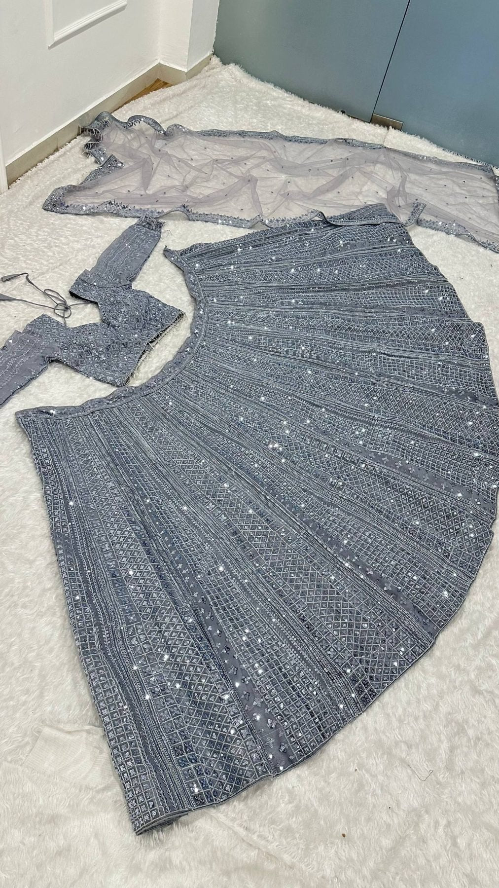 Grey Wedding Wear Lehenga with Heavy Embroidery and Tassel Dupatta detailed view