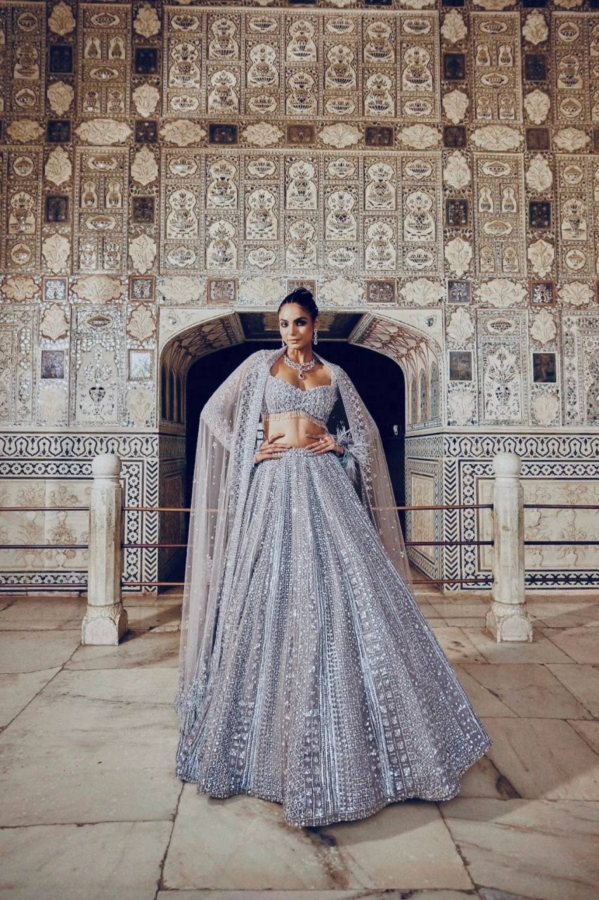 Grey Wedding Wear Lehenga with Heavy Embroidery and Tassel Dupatta blouse and dupatta detail