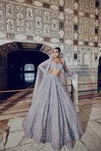 Grey Wedding Wear Lehenga with Heavy Embroidery and Tassel Dupatta detailed view
