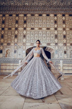Grey Wedding Wear Lehenga with Heavy Embroidery and Tassel Dupatta fabric texture detail