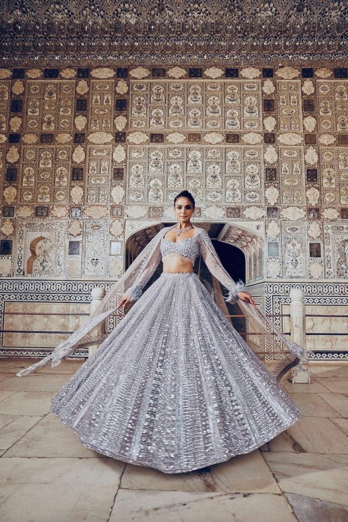 Grey Wedding Wear Lehenga with Heavy Embroidery and Tassel Dupatta fabric texture detail