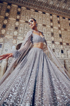 Grey Wedding Wear Lehenga with Heavy Embroidery and Tassel Dupatta back view