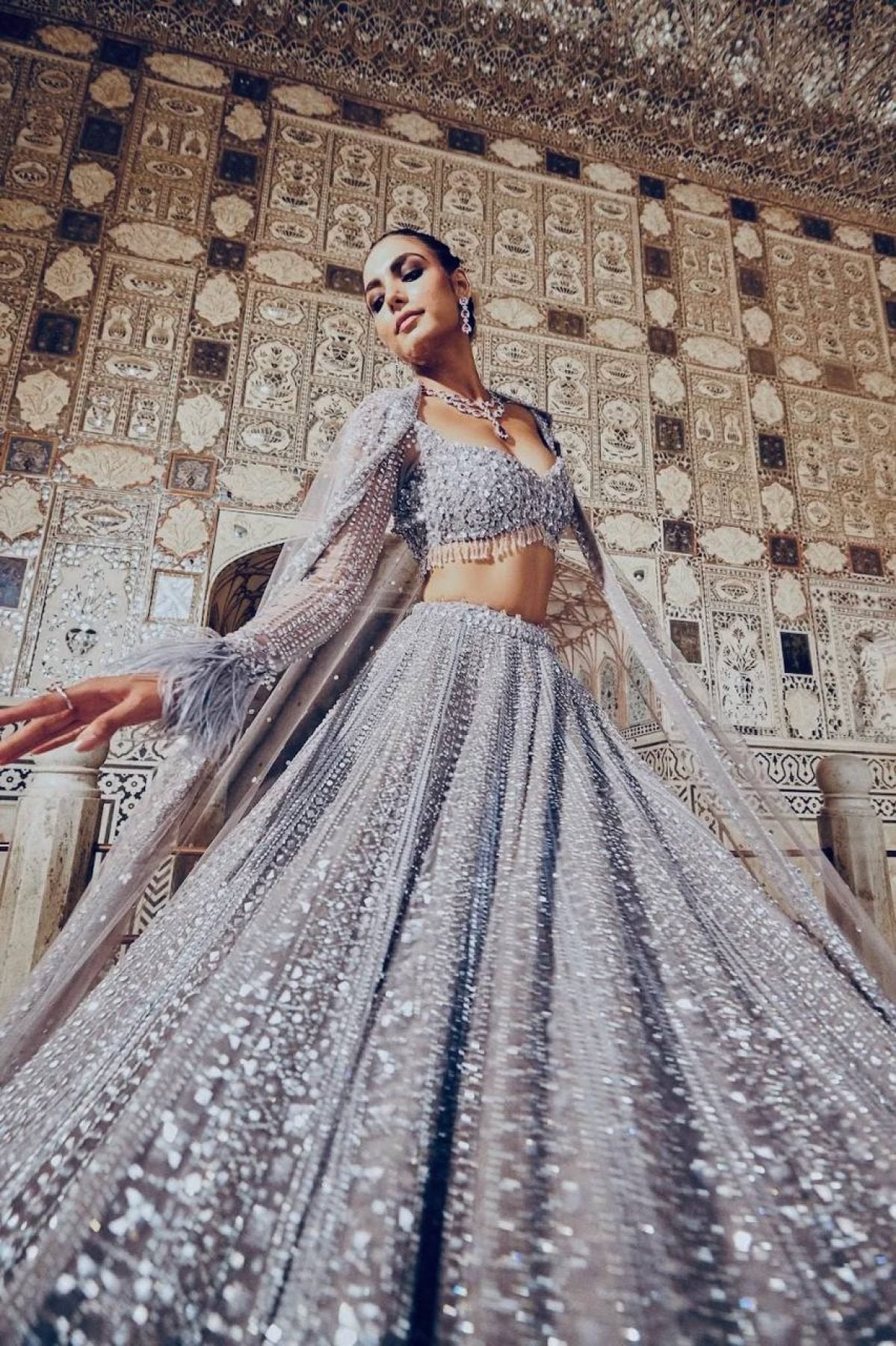 Grey Wedding Wear Lehenga with Heavy Embroidery and Tassel Dupatta back view