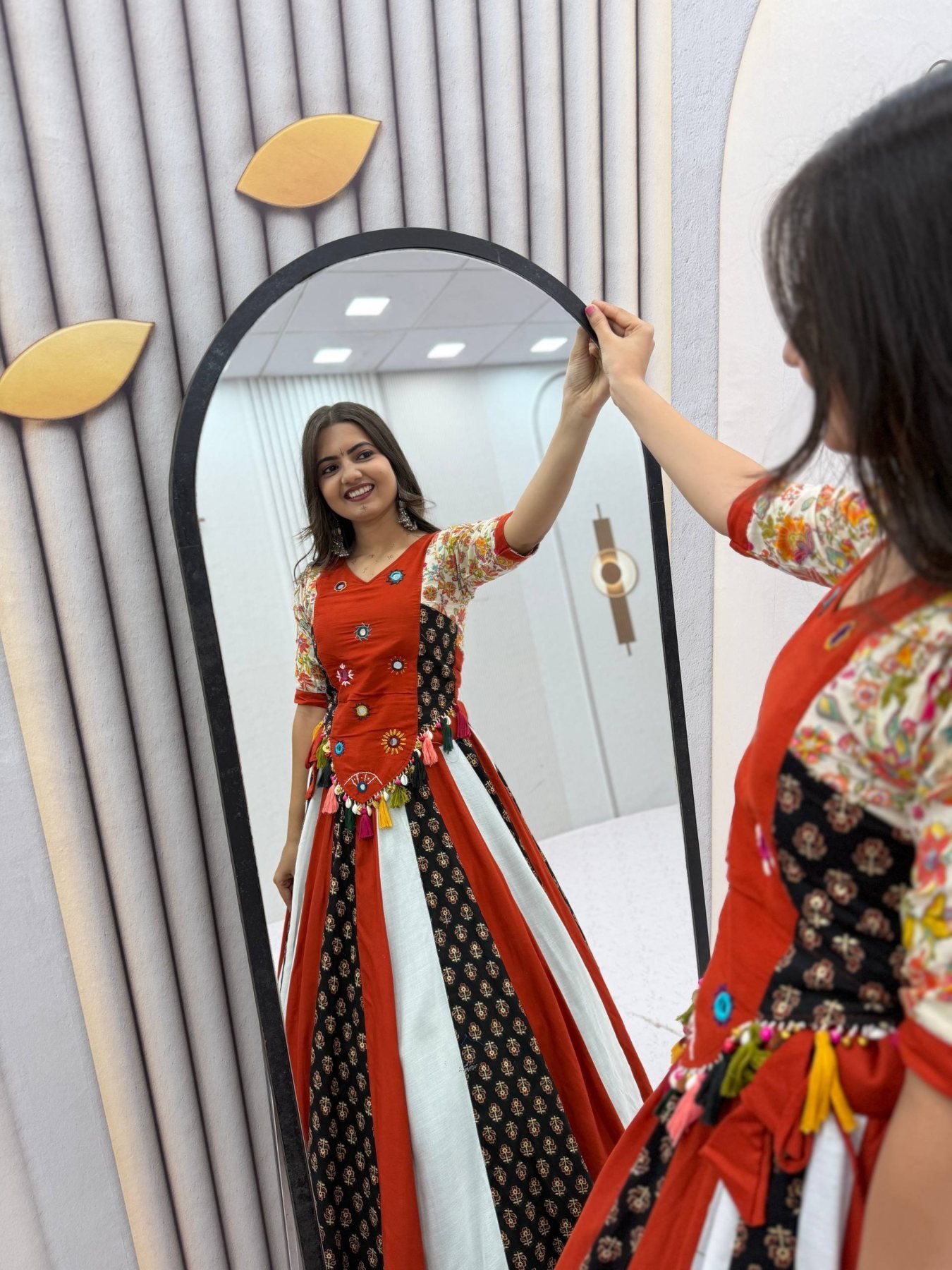 Navratri Pure Cotton Kediyu Lehenga Set with Real Hand Work full drape view