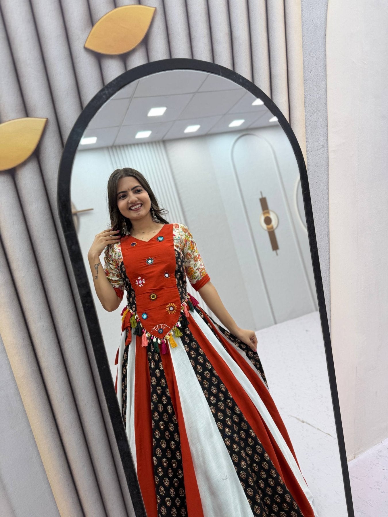 Navratri Pure Cotton Kediyu Lehenga Set with Real Hand Work embroidery close-up