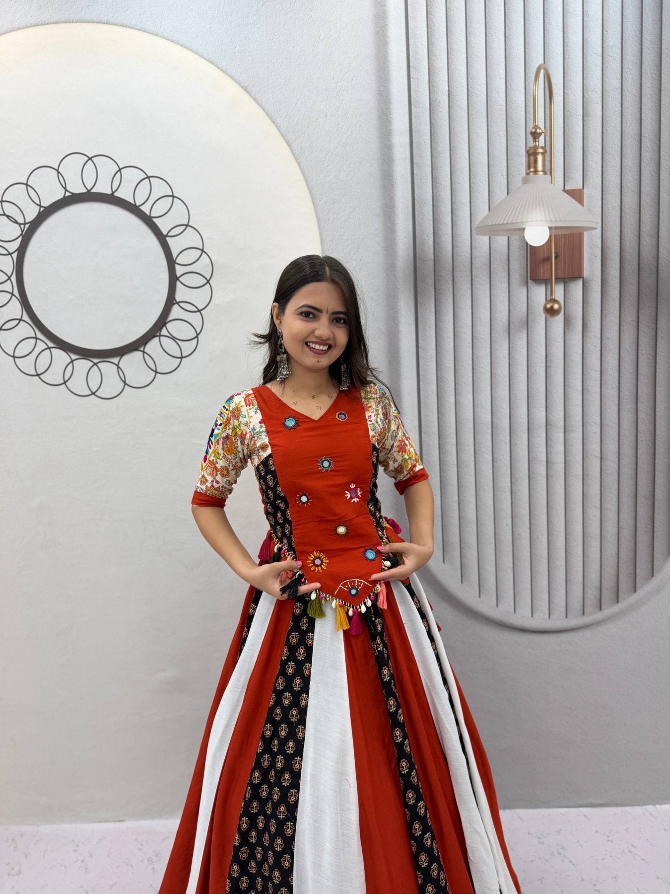 Navratri Pure Cotton Kediyu Lehenga Set with Real Hand Work embroidery close-up