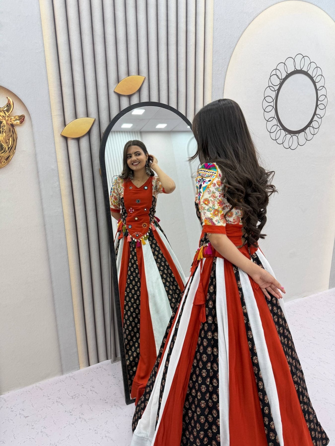 Navratri Pure Cotton Kediyu Lehenga Set with Real Hand Work styling view