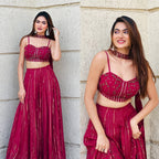 Red Georgette Lehenga Set with Sequins Dori Work and Dupatta full drape view