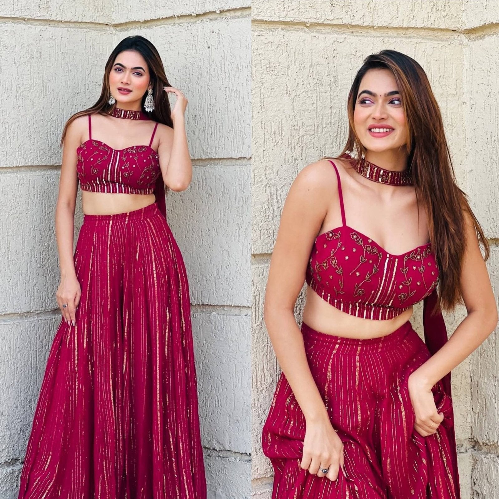Red Georgette Lehenga Set with Sequins Dori Work and Dupatta full drape view