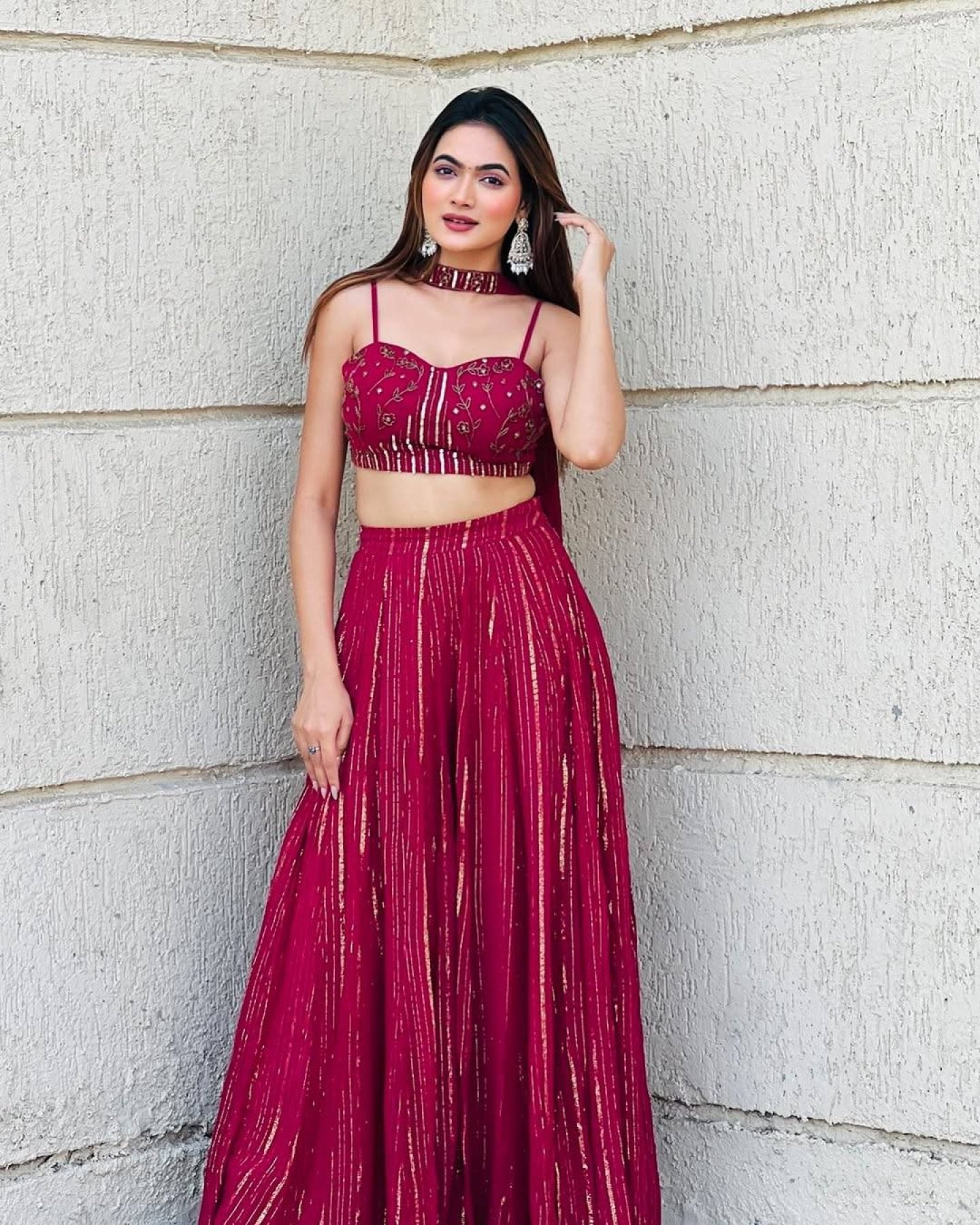 Red Georgette Lehenga Set with Sequins Dori Work and Dupatta blouse and dupatta detail