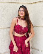 Red Georgette Lehenga Set with Sequins Dori Work and Dupatta embroidery close-up
