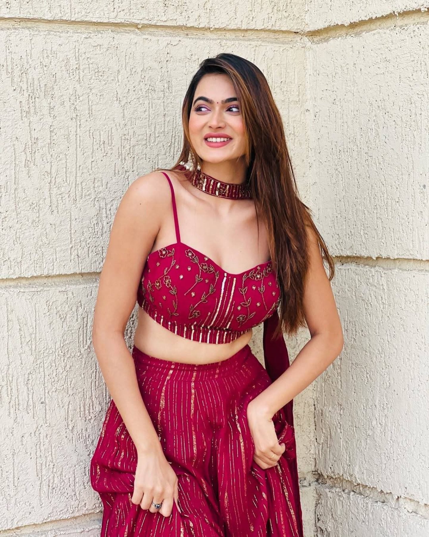 Red Georgette Lehenga Set with Sequins Dori Work and Dupatta embroidery close-up