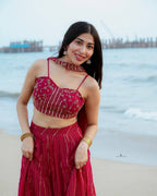 Red Georgette Lehenga Set with Sequins Dori Work and Dupatta fabric texture detail