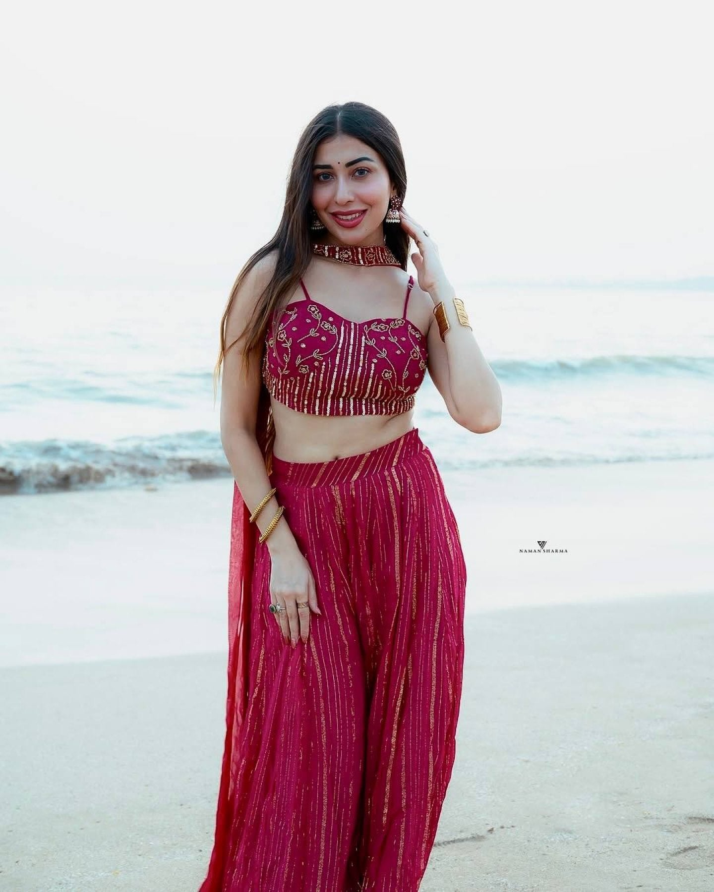 Red Georgette Lehenga Set with Sequins Dori Work and Dupatta back view