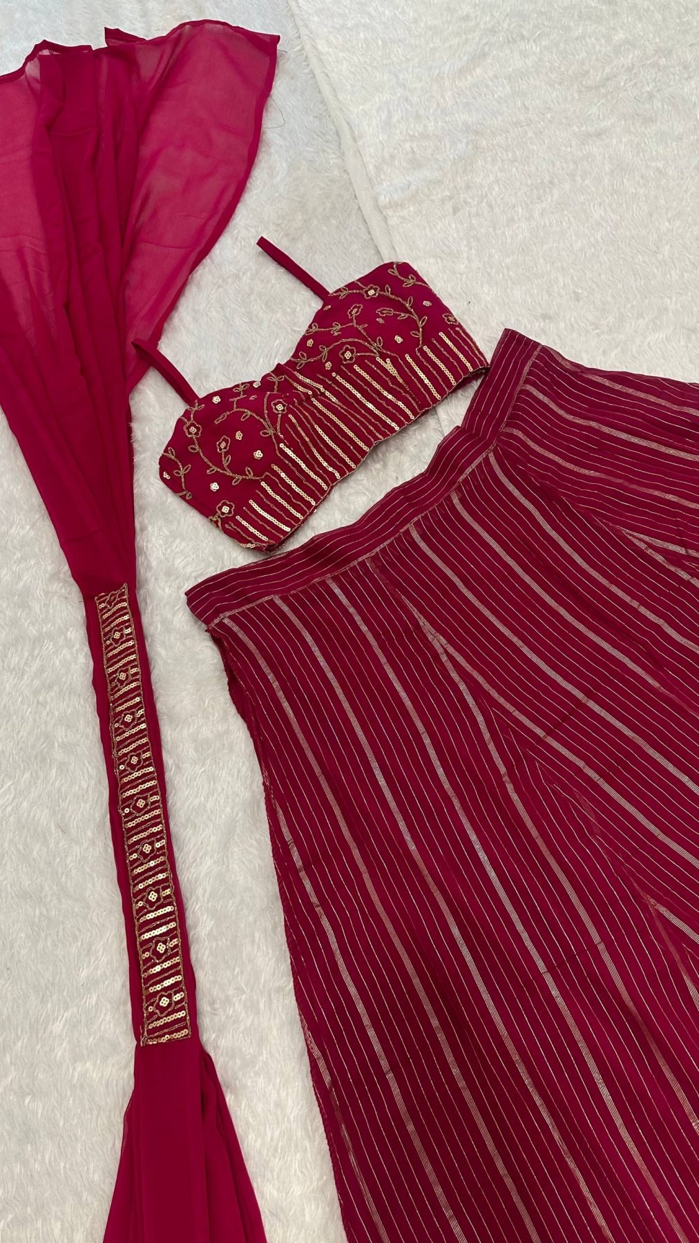 Red Georgette Lehenga Set with Sequins Dori Work and Dupatta styling view