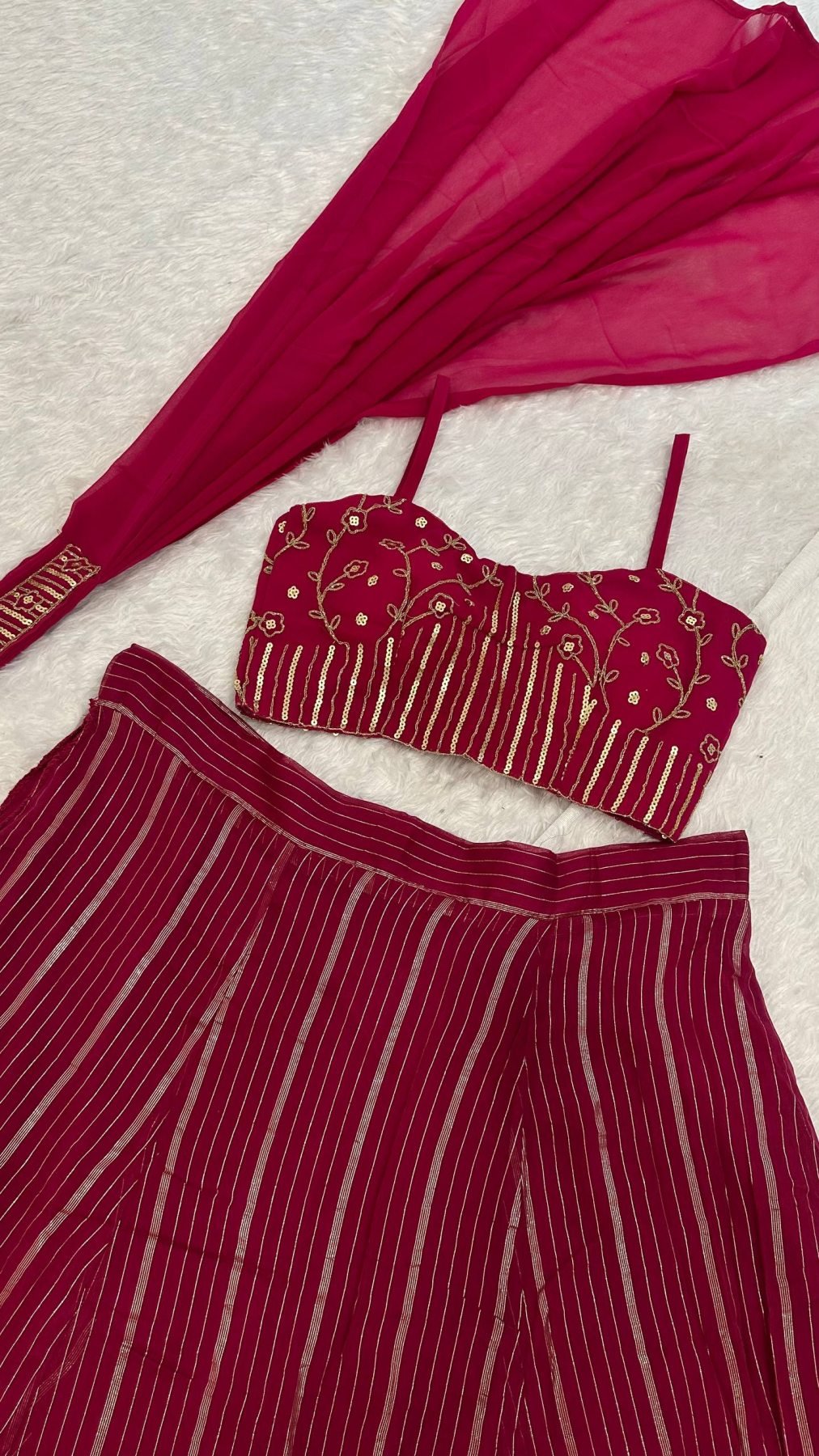 Red Georgette Lehenga Set with Sequins Dori Work and Dupatta colour variant view