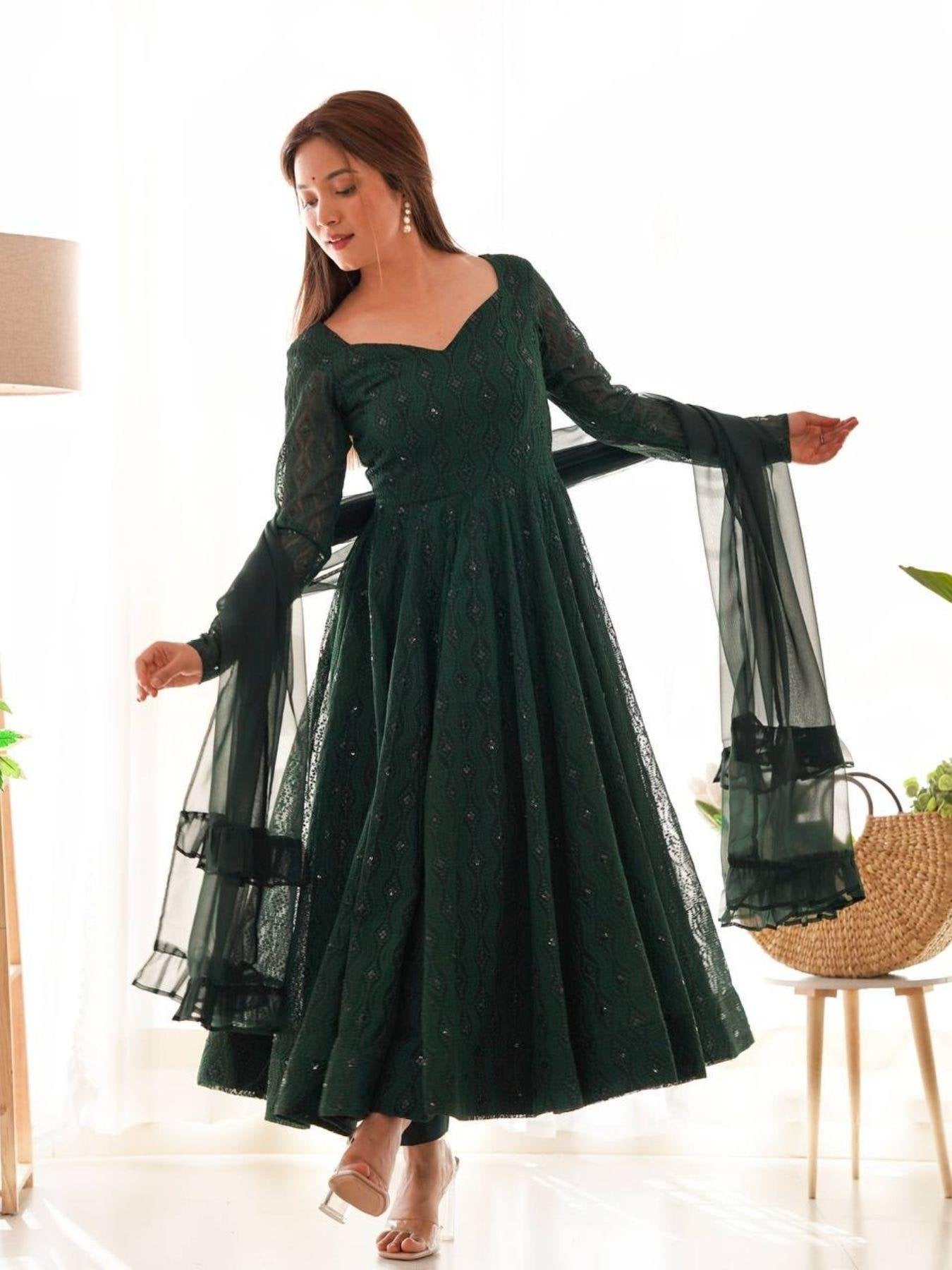 Bottle Green Fox Georgette Lucknowi Work Anarkali Gown with for Special for women | Snyvia